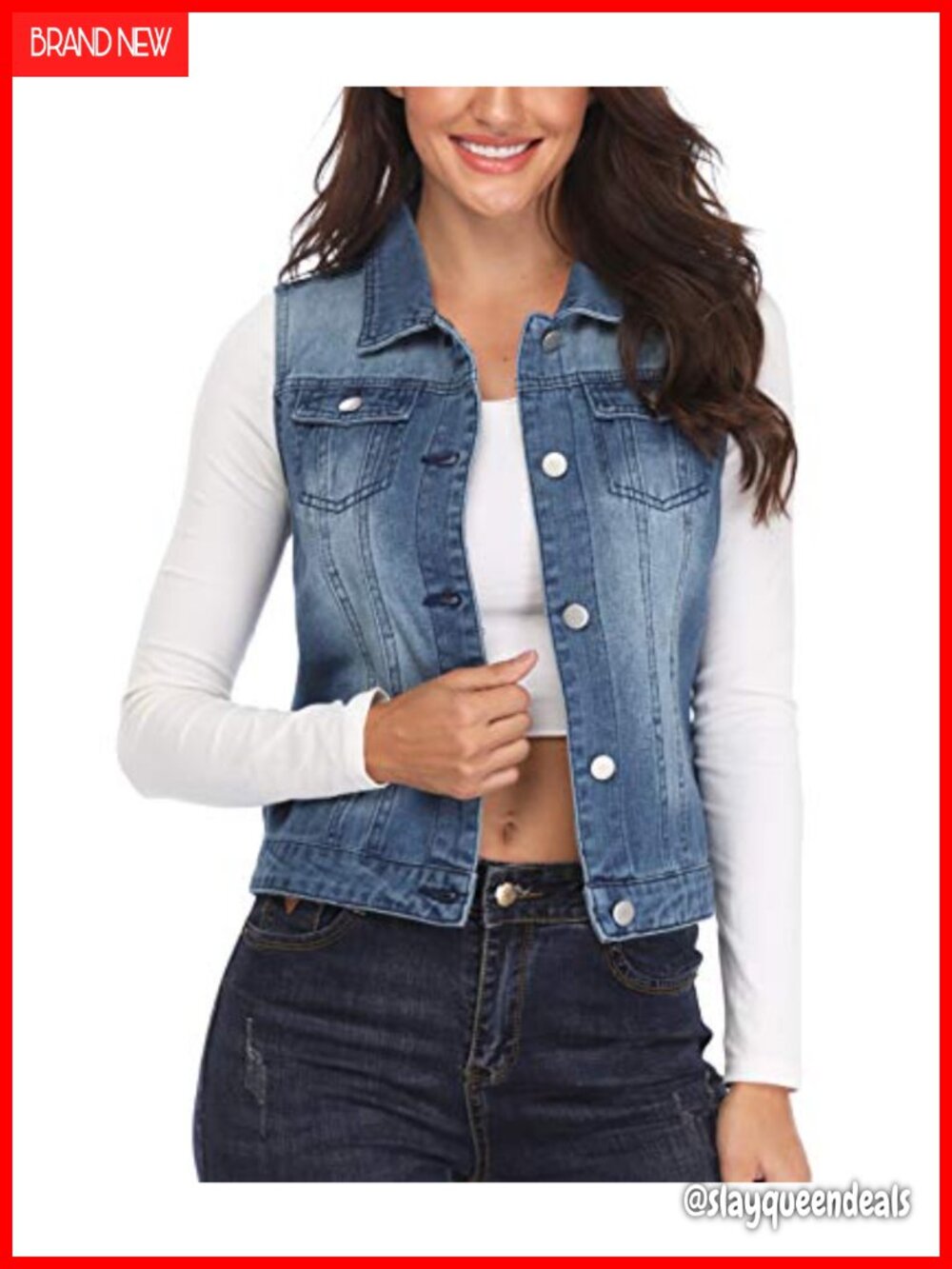 Cropped Classic Sleeveless Denim Vest with Flap Pockets Button Front